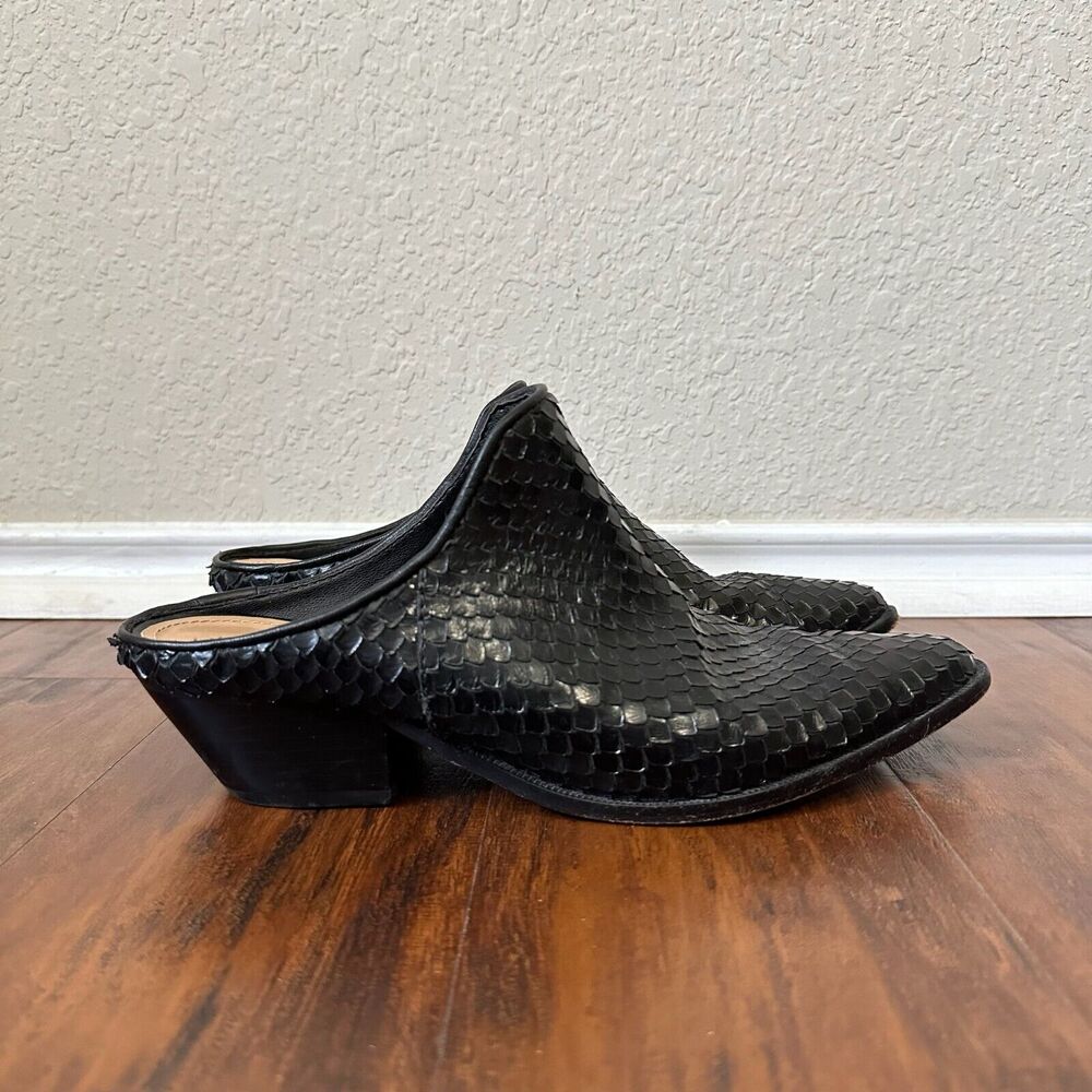 SCHUTZ Embossed Leather "Western" Slip On Heeled Mules Black "Faux Croc"